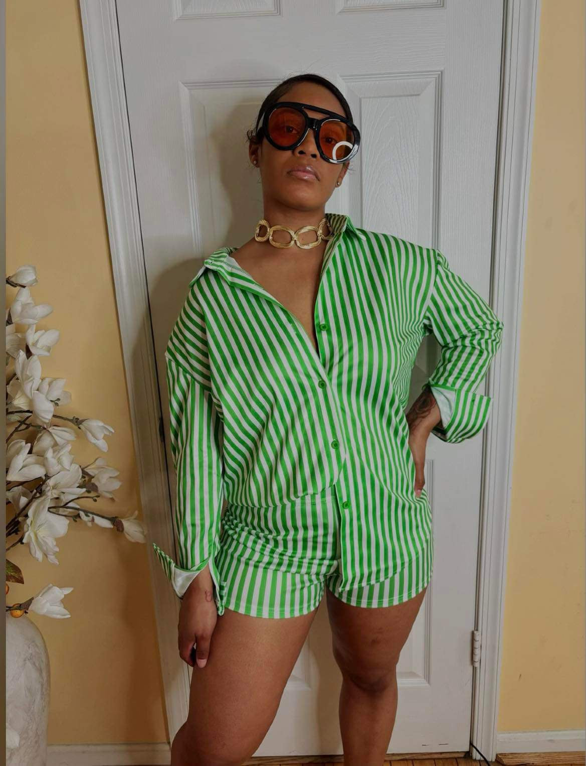 Green & White Striped Short Set