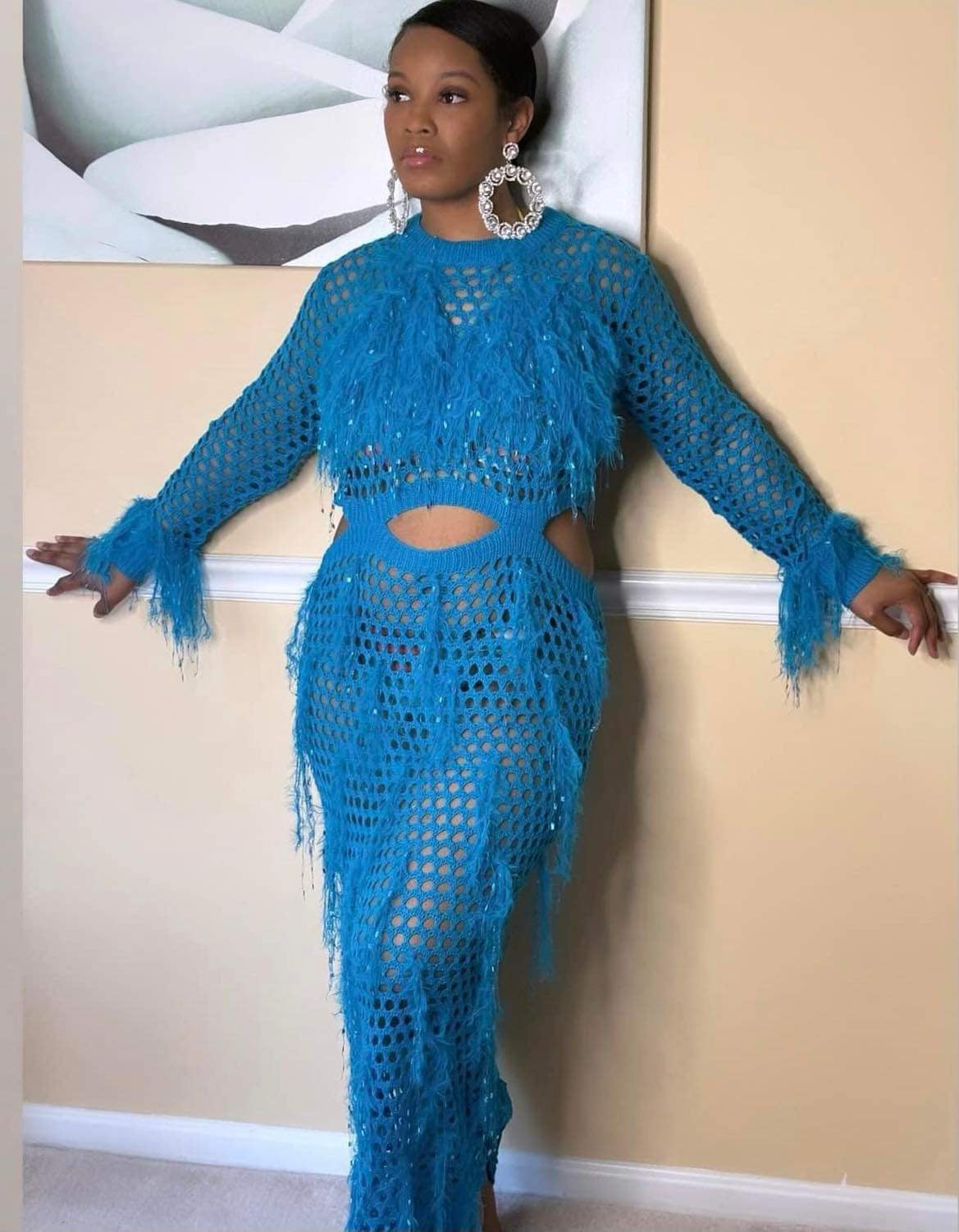 Blue Crochet Feathered Cover Up