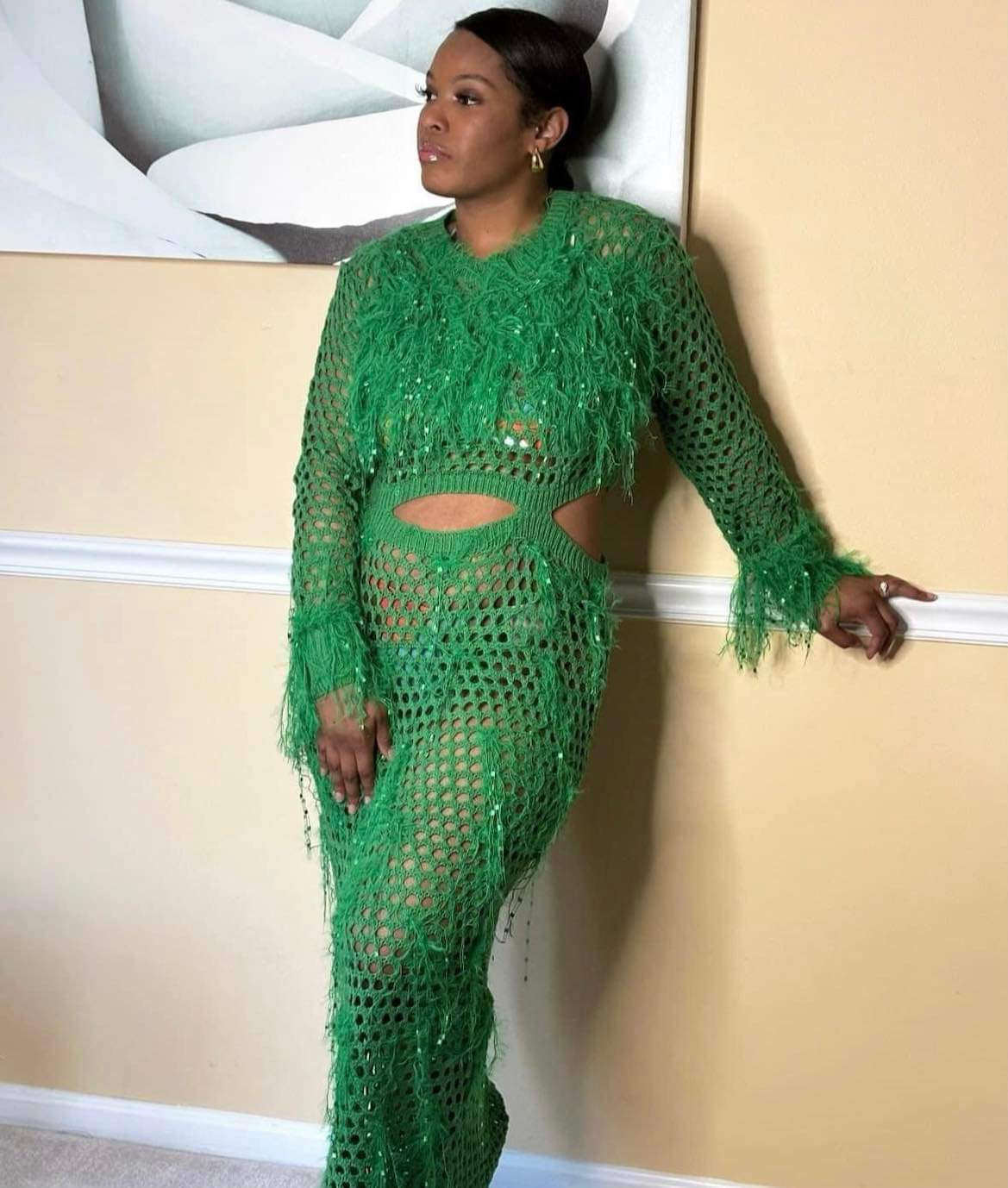 Green Crochet Feathered Cover Up