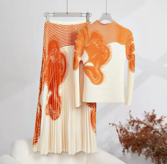 Orange Cream Pleated Skirt Set