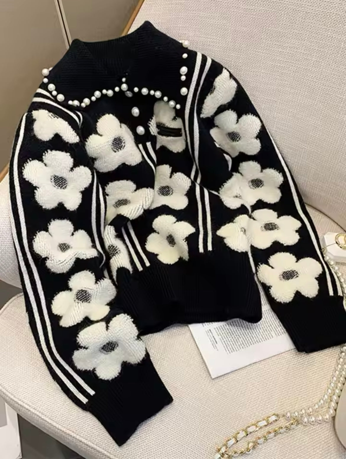 Black / White Flower Sweater