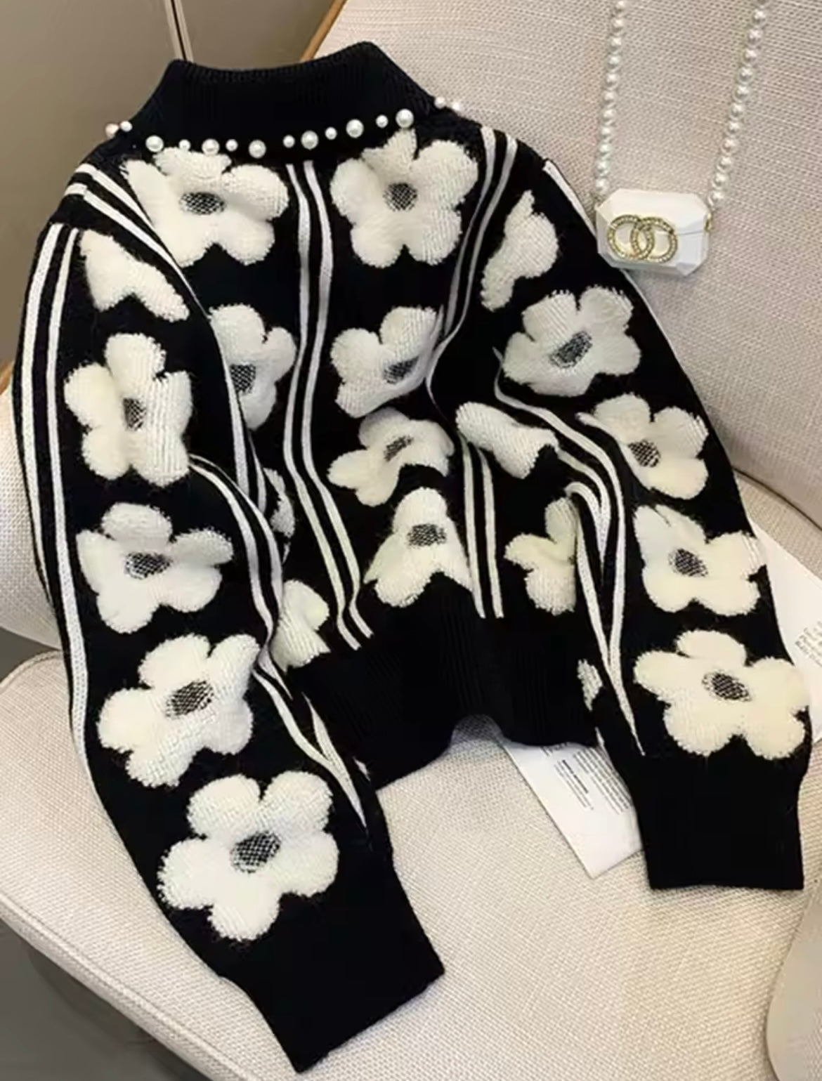 Black / White Flower Sweater